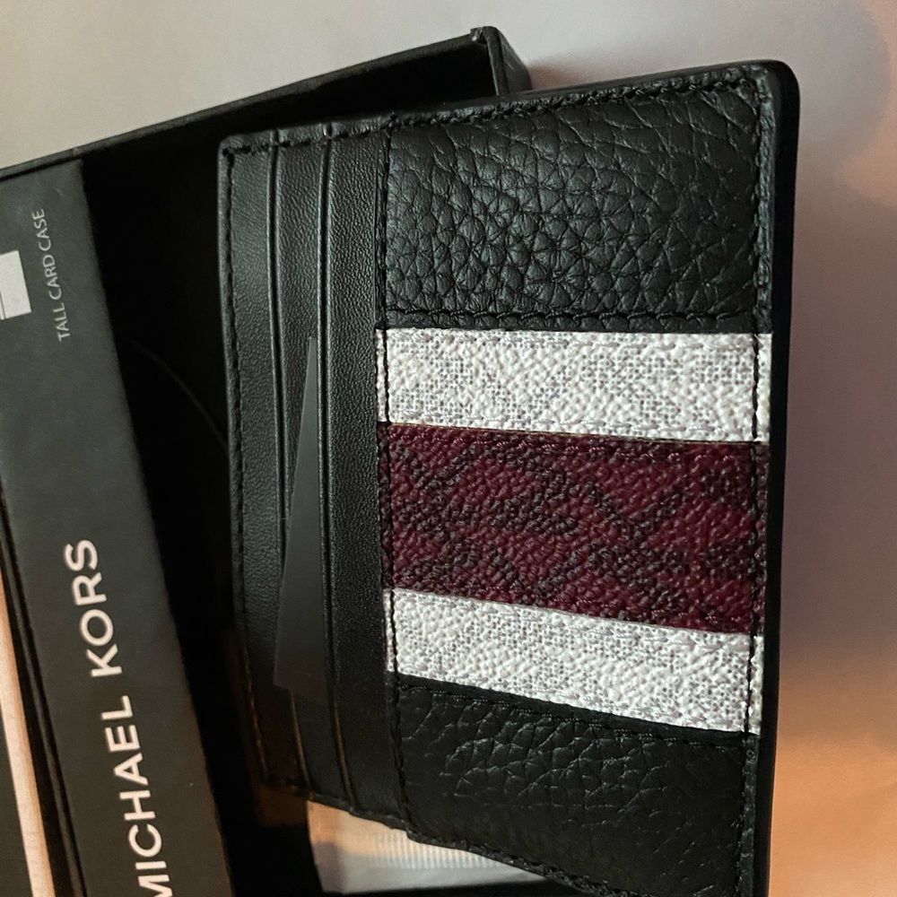 Michael Kors Hudson logo stripe leather tall card case